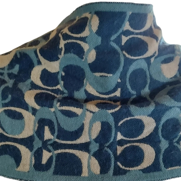 Coach Blues Monogram 100% Merino Wool Oversized‎ Scarf Muffler with fringe - Picture 9 of 15